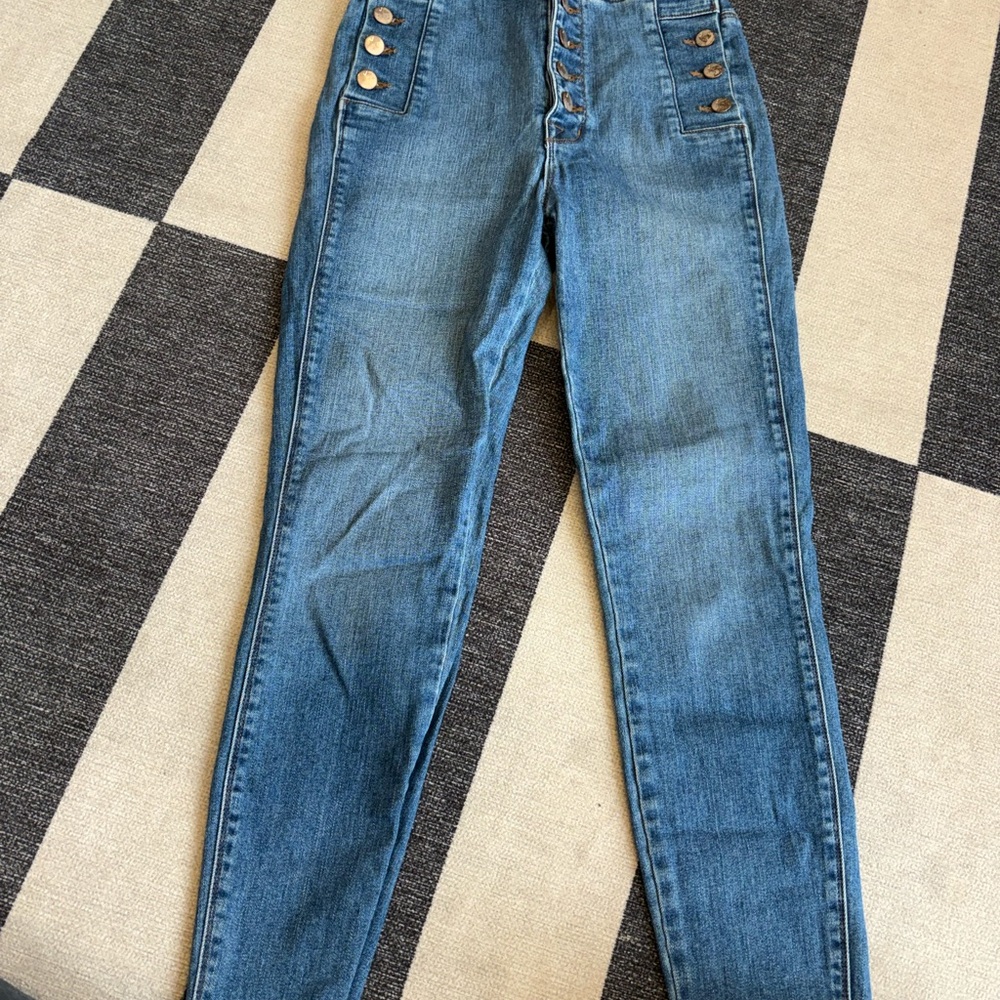 J Brand High-Rise Sailor Jeans in Medium Blue with Button Placket